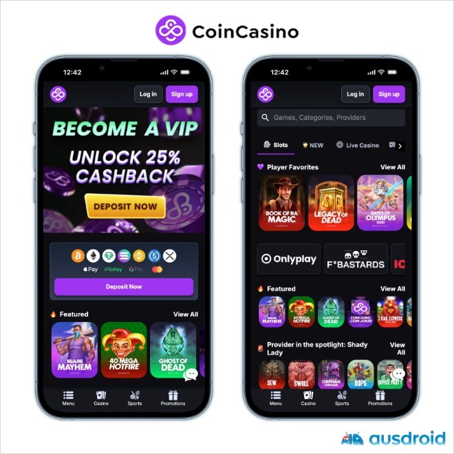 phone showing coincasino screenshots